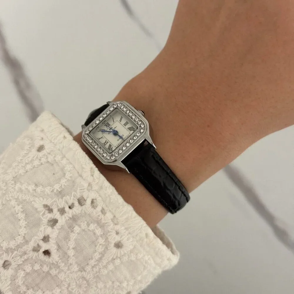 Sku0152 SIlver black strap zircon stones women casual square watch + gift bag